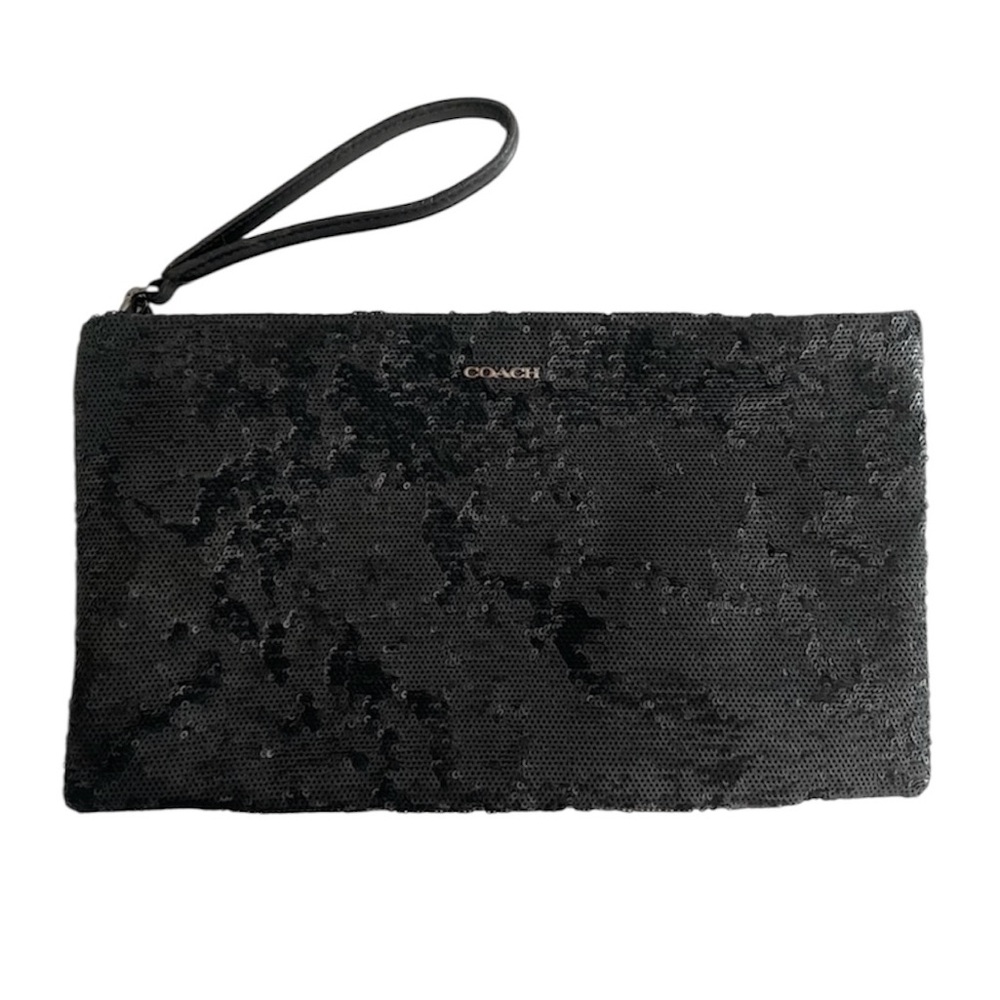 COACH Black Sequin Navy Satin Interior Clutch With Wrist Strap